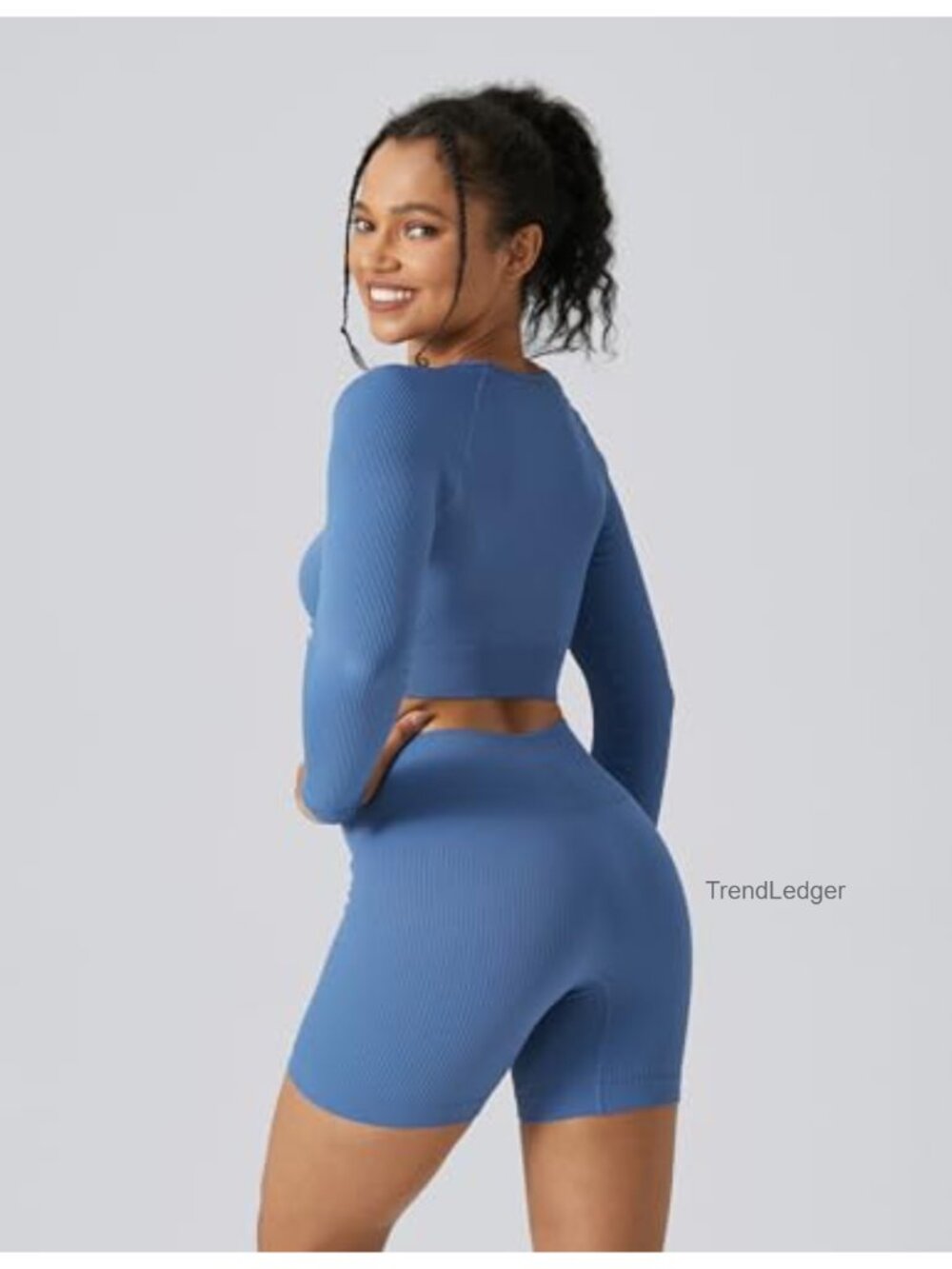 Seamless Ribbed Crop Top High Waist Leggings 2 Piece Workout Set - Picture 3 of 6